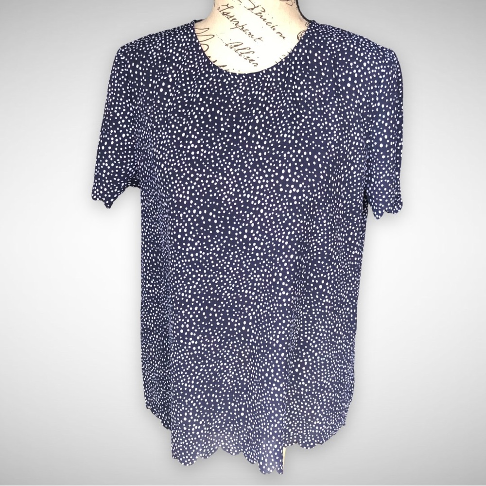 Banana Republic Blouse shirt dark navy blue with white dots scalloped sleeve